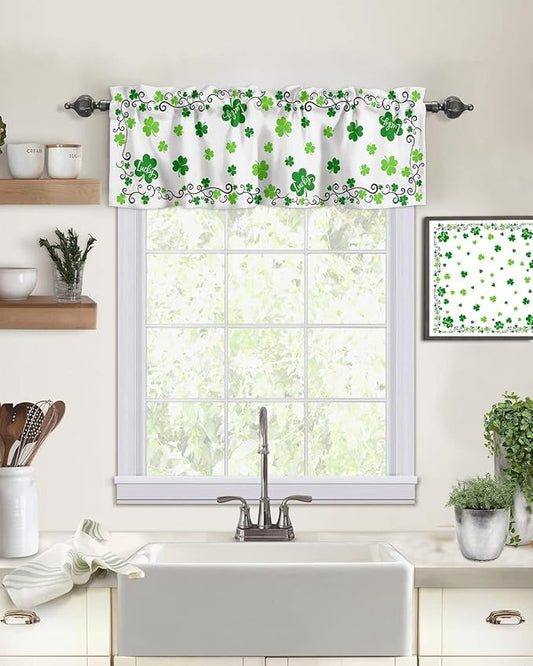 St. Patrick's Day Valances Kitchen Curtains for Windows,Shamrock Irish Clover Rod Pocket Valances Seasonal Spring Holiday Decoration Short Curtains For Bedroom/ Living Room,54" X 18" -1 Panel