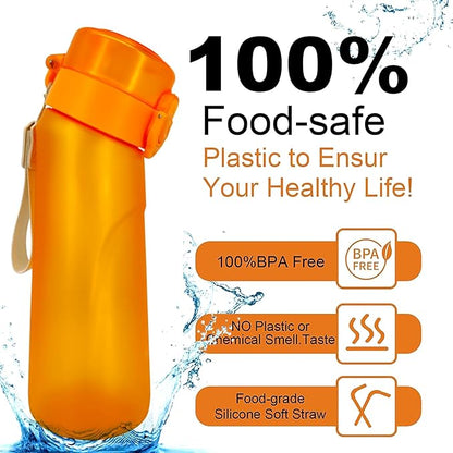 Air Water Bottle,750ML Scent Water Cup with 3 Flavour Pods,Leak Proof Sports Water Cup with Straw Suitable for Outdoor Sports,Gifts From Friends, Birthday Gifts (New Orange + 3pods)