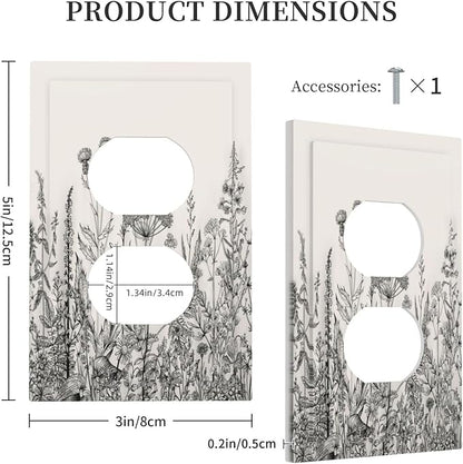 Vintage Grey Floral Herbs Wild Flowers Botanical Single Duplex Wall Plate Covers Boho Light Switch Cover 1 Gang Outlet Plate Decorative Country Electrical Receptacle Art Faceplate Switchplate