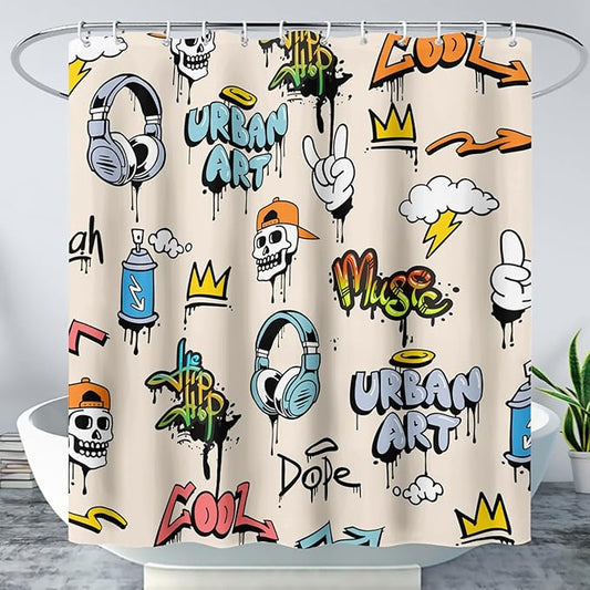 AILONEN Hip-Hop Skull Shower Curtains,Graffiti Music Bath Curtains,Printed Rock Curtains,Polyester Waterproof with 12 Hooks for Bathroom 36" W*72" H