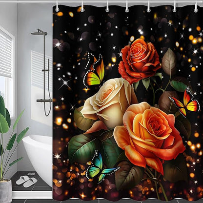 AILONEN Rose Flower Shower Curtain for Bathroom, Glitter Starry Flower Print Bath Curtain,Modern Botanical Floral Butterfly Waterproof Shower Curtain Decoration with 12 Plastic Hooks, 72" W*84" H