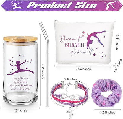 4 Pcs Gymnastics Gifts Gymnastics Glass Cup 16oz Inspirational Gymnastics Water Bottles Makeup Bag Bracelet Elastic Scrunchies for Girls Gymnastics Lovers Back to School