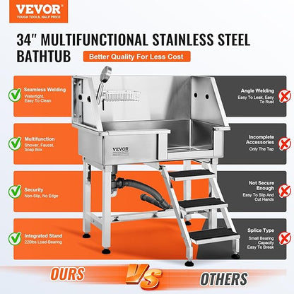 VEVOR 34" Pet Dog Bathing Station w/Ramp, Professional Stainless Steel Dog Grooming Tub w/Storage Drawer, Faucet,Rich Accessory, Dog Bathtub for Large,Medium,Small Pets, Washing Sink for Home(Right)…