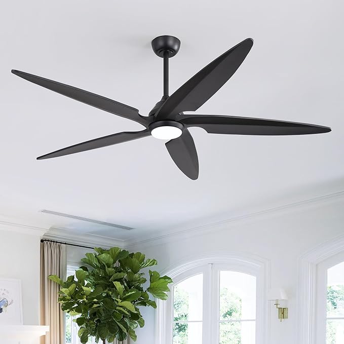 64 Inch Modern Ceiling Fan with Lights and Remote, 5 Wood Blades, 6-Speed Noiseless Reversible DC Motor with Replaceable Downrods for Bedroom Living Room Dining Room, Black