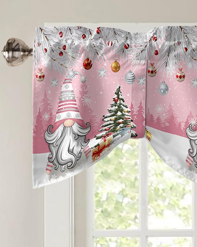 Christmas Gnome Blackout Tie Up Valance Curtains for Kitchen Windows Winter Merry Christmas Tree Balls Window Toppers Balloon Shades for Living Room/Bathroom/Bedroom,1 Panel, 60" X 18", Pink