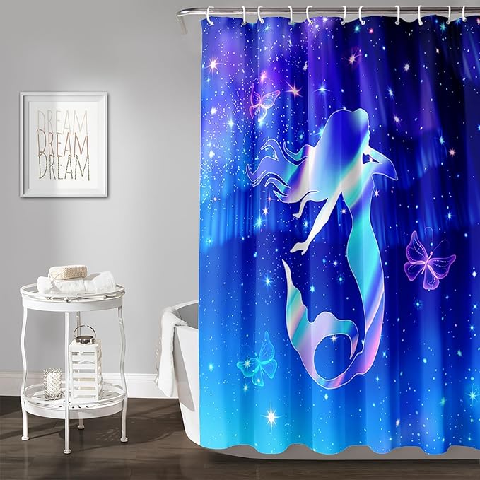 AILONEN Mermaid Shower Curtain for Bathroom,Blue Mermaid Star Girls Kids Bath Curtain 72" W*96" H,Beautiful Mermaid Decorative Waterproof Curtain with 12 Plastic Hooks