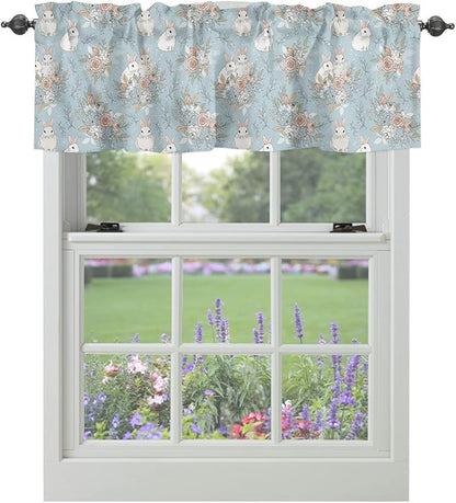 Easter Decor Valances Kitchen Curtains for Windows, Easter Bunny Rabbits Vintage Flowers Spring Holiday Rod Pocket Valances Blue Short Curtains for Bedroom/Living Room,54" X 18" -1 Panel