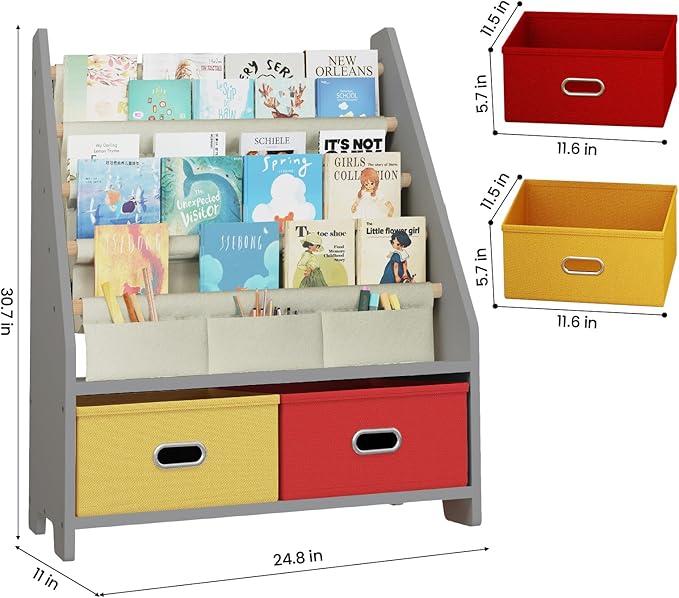 4 Tier Kids Book Shelf, Wooden Kids Book Rack, Grey Kids Bookshelf with Toy Storage Organizer, Toddler Sling Bookshelf for Boys, Girls, Kids Room, Red/Yellow