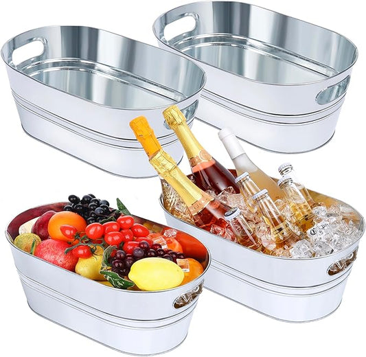 4 Pcs Galvanized Tub 3 Gallon Ice Buckets for Parties Beverage Metal Champagne Drink Wine Large Bucket for Cocktail Mimosa Bar Supplies (Silver)