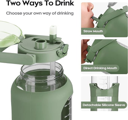 74 oz Glass Water Bolttles with Straw Large Motivational Water Bottle with Time Marker Sports Water Bottles with Silicone Sleeve and Handle Lid 2.2L Water Jug for Gym Workout