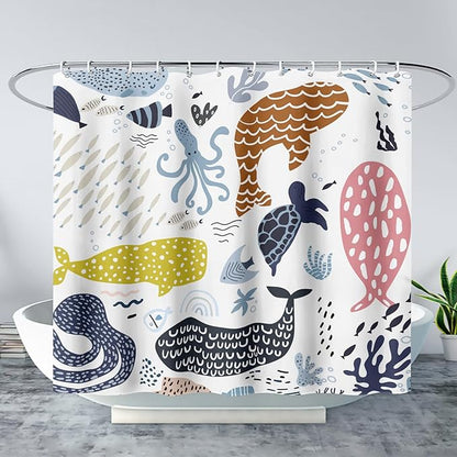 AILONEN Cartoon Dolphin Shower Curtain for Kids 72" W*84" H Inch,Colorful Whales Octopuses Pattern Shower Curtain,Marine Life Theme 12 Pack Hooks Polyester Waterproof Fabric Decor for Bathroom