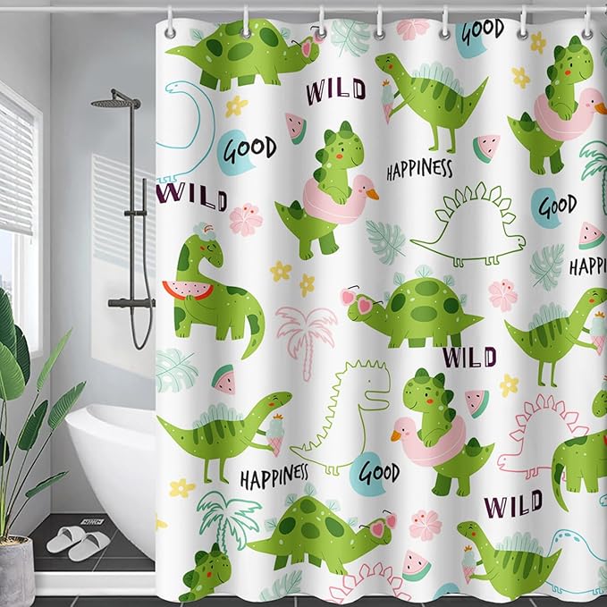 AILONEN Dinosaur Shower Curtain for Boys, Cute Green Kids Bath Curtain 72" W*96" H,Tropical Leaves Funny Dinosaur Curtain with 12 Plastic Hooks