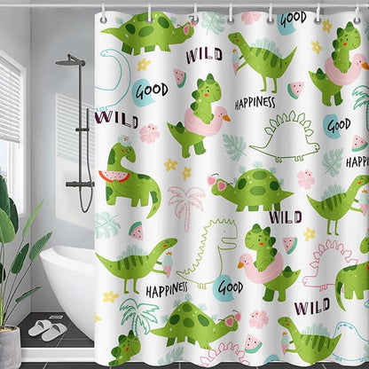 AILONEN Dinosaur Shower Curtain for Boys, Cute Green Kids Bath Curtain 72" W*72" H,Tropical Leaves Funny Dinosaur Curtain with 12 Plastic Hooks