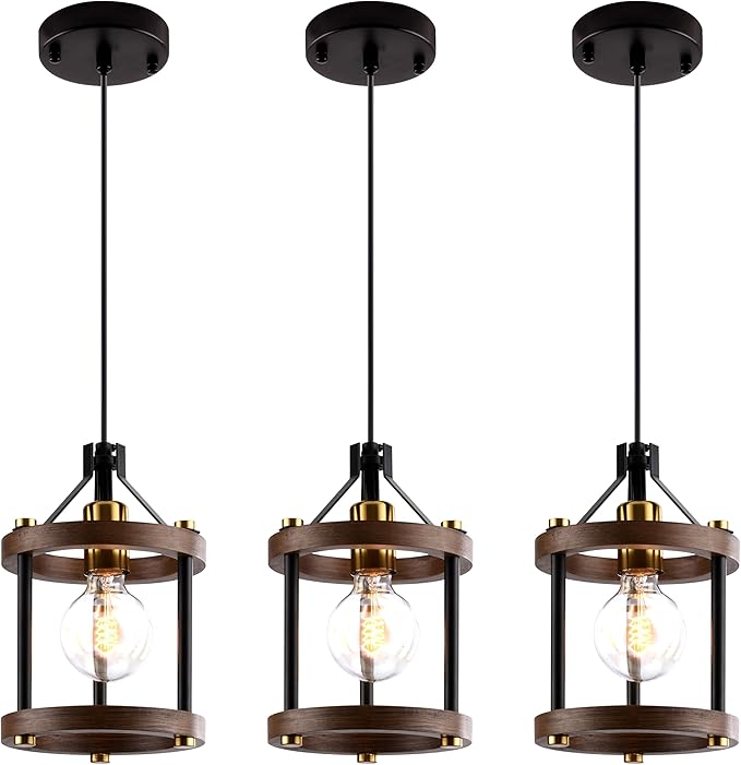 MO&OK Set of 3 Chandelier Vintage Pendant Light Fixture, Wood Color Farmhouse Wooden Metal Chandeliers, Open Frame Hanging Lighting for Diningroom,Bar,Entrance Hall,Kitchen Island H10.6 xD6.7