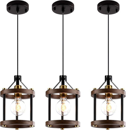 MO&OK Set of 3 Chandelier Vintage Pendant Light Fixture, Wood Color Farmhouse Wooden Metal Chandeliers, Open Frame Hanging Lighting for Diningroom,Bar,Entrance Hall,Kitchen Island H10.6 xD6.7