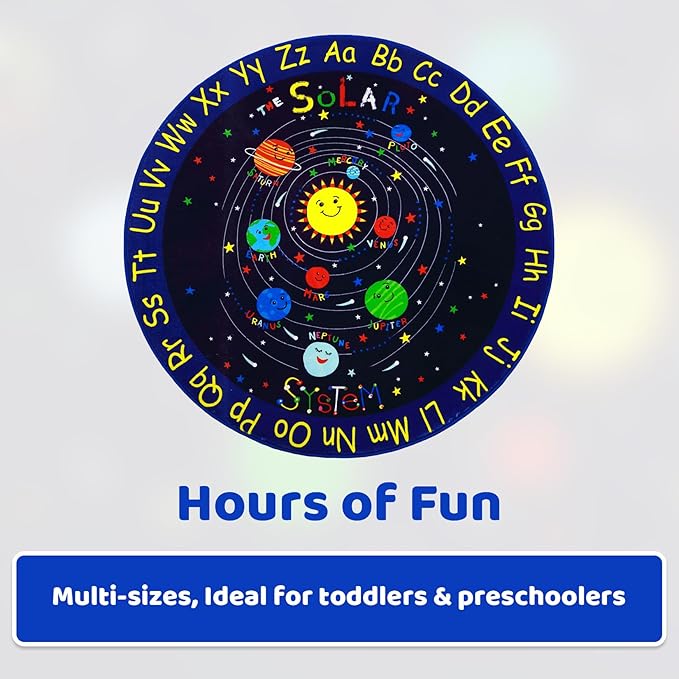 Kids Rug 4x4 Round Rug Solar System Pattern Nursery Rug Baby Soft Area Rug Non Shedding Carpet for Babyroom Play Room Non Slip Educational Rug Galaxy Outer Space Playmat, Blue Round 4'x4'