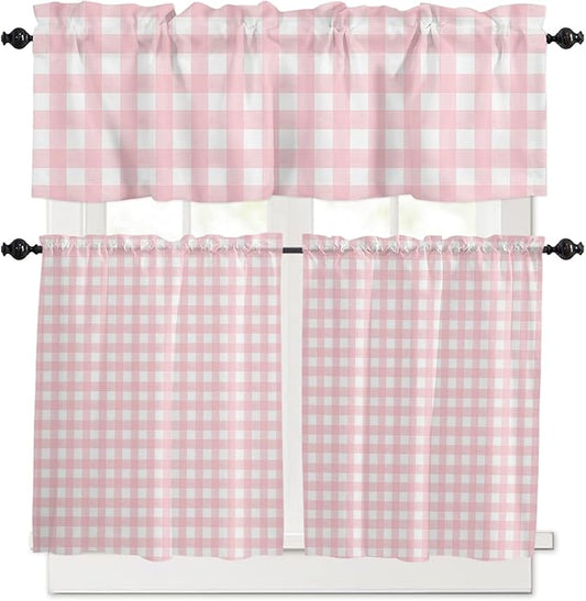 Christmas Kitchen Curtains and Valances Set, Rustic Pink White Buffalo Check Plaid Pattern Windows Treatments Tiers Half/Short Curtains for Small Windows Cafe /Living Room/ Bedroom 54x24 in Farmhouse