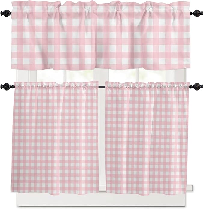 Christmas Kitchen Curtains and Valances Set, Rustic Pink White Buffalo Check Plaid Pattern Windows Treatments Tiers Half/Short Curtains for Small Windows Cafe /Living Room/ Bedroom 54x36 in Farmhouse