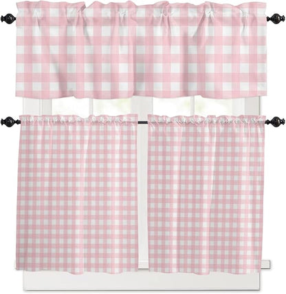Christmas Kitchen Curtains and Valances Set, Rustic Pink White Buffalo Check Plaid Pattern Windows Treatments Tiers Half/Short Curtains for Small Windows Cafe /Living Room/ Bedroom 54x36 in Farmhouse