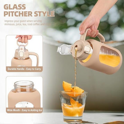 64 oz Glass Water Bolttles Half Gallon Large Motivational Water Bottle with Time Marker Sports Water Bottles with Silicone Sleeve and Handle Lid Water Jug for Gym Workout