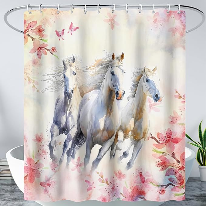 AILONEN Girls Flower Horse Shower Curtain for Bathroom,Galloping Horse Bath Curtain,Pink Watercolor Floral Horse Waterproof Curtain with 12 Plastic Hooks, 48" W*72" H