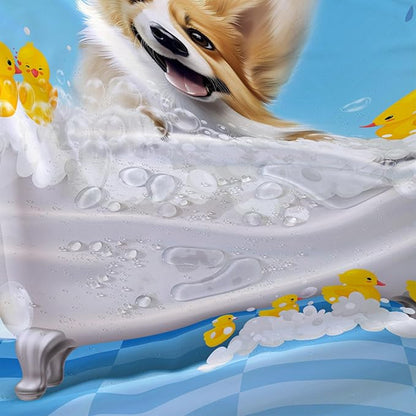 AILONEN 3D Bathtub Dog Shower Curtain for Kids 60" W*72" H Kawaii Shower Puppy and Bathtub Yellow Duck Shower Curtain,Polyester Waterproof Fabric Decor for Bathroom Bathtub Panels