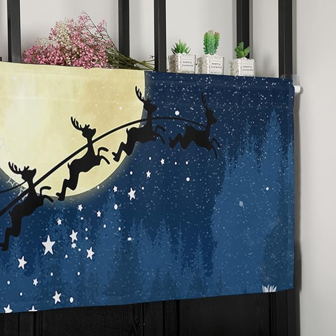 Christmas Kitchen Curtains Valances for Windows Santa Claus Reindeer Rod Pocket Window Treatment for Kitchen/Living Room/Bedroom/Bathroom,60" X 18" -1 Panel, Blue Snowy Night