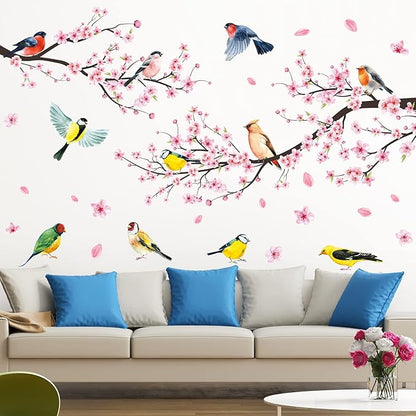 Amaonm 4 Sheets of 12"x36" Removable Pink Red Cherry Blossom Flowers Wall Stickers DIY Flying Birds and Tree Brances Wall Decals 3D Peel and Stick Floral art Decor for Kids Girls Bedroom Living Room Nursery Decoration (51"x75")