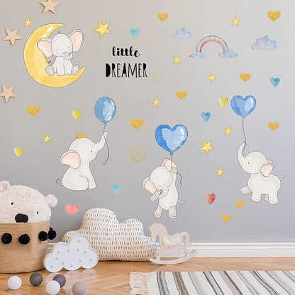 Cartoon Elephant Wall Stickers Moon Stars Balloons Rainbow Wall Decals Cute Animal Wall Decor for Kids Room Bedroom Living Room Wall Background Decor