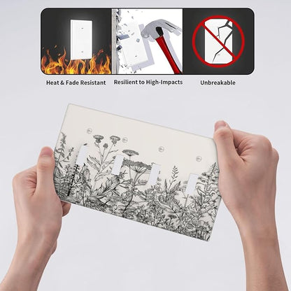 Vintage Grey Floral Herbs Wild Flowers Botanical Quad Toggle Boho Light Switch Covers Decorative Country Unique 4 Gang Wall Plate Electrical Faceplate Switchplate for Bedroom Decor