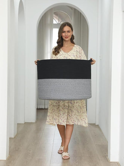 24" x 24" x 17" Max Size Large Cotton Rope Basket, Extra Large Storage Basket, Woven Laundry Hamper, Cloth Storage Bin, for Blankets Clothes Towels Pillows in Living Room, Black/Grey Mix