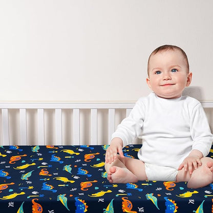 3 Pack Fitted Crib Sheets, Ultra Soft Breathable Comfortable Baby Sheet Set for Boys Girls Neutral, 28x52 Inch Fits Standard Crib and Toddler Mattresses, Dinosaur