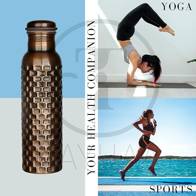 Pure Copper Metal Water Bottle - Indian Handmade Ayurveda Healing Benefit Water Bottle for Drinking, Travel, Hiking, Gym, Office, Outdoor - Antique Finish - 950 ML