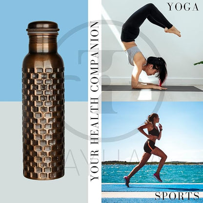 Pure Copper Metal Water Bottle - Indian Handmade Ayurveda Healing Benefit Water Bottle for Drinking, Travel, Hiking, Gym, Office, Outdoor - Antique Finish - 950 ML