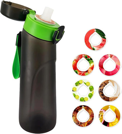 Air Water Bottle with Flavor Pods, 25 OZ Tritan Sports Water Bottle with Straw, Scented Water Bottle with Handle (Black Green+7 Flavor Pods)