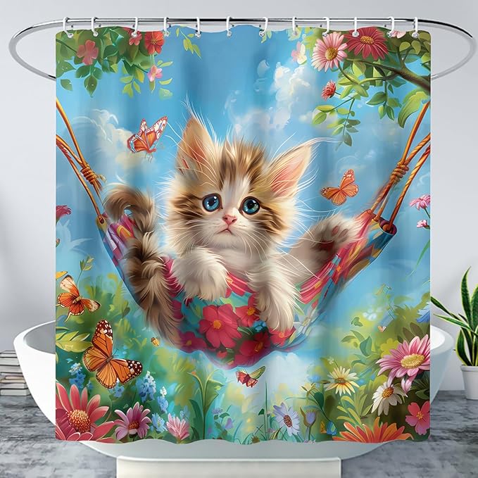 AILONEN Kawaii Cat Shower Curtain Set, Swing Cat with Butterfly Waterproof Fabric Shower Curtain for Kids Boys Girls,Cartoon Pet Cats Cloth Bath Curtain,72" W*72" H
