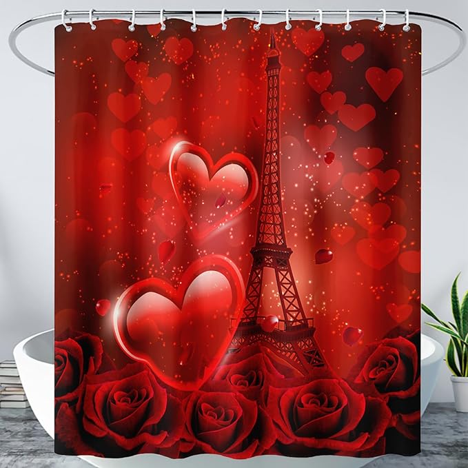 AILONEN Red Rose Shower Curtain for Bathroom, Romantic Eiffel Tower Love Hearts Printed Bathroom Curtain,72" W*72" H Polyester Waterproof Bath Curtain with 12 Hooks