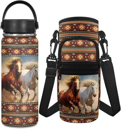 Aztec Stainless Steel Water Bottle for Boys 10-12/12-14 Horse 2 Pcs Water Bottle Holder Carrier Sling Water Bottle Pouch Sleeve