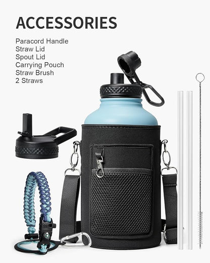 64oz Insulated Water Bottle,Half Gallon Water Flask Stainless Steel Vacuum, Cold for 48 Hrs,BPA-Free & Leakproof -with Paracord Handle, Strap,Straw Spout Lids,Large Jug for Gym Sports,Blue