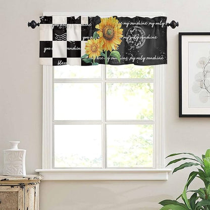 Buffalo Plaid Valance Curtains for Windows, Farmhouse Sunflower Rod Pocket Valances Window Treatments Simi Sheer Short Curtains for Kitchen Bedroom Living Room,54" X 18" -1 Panel,Black White