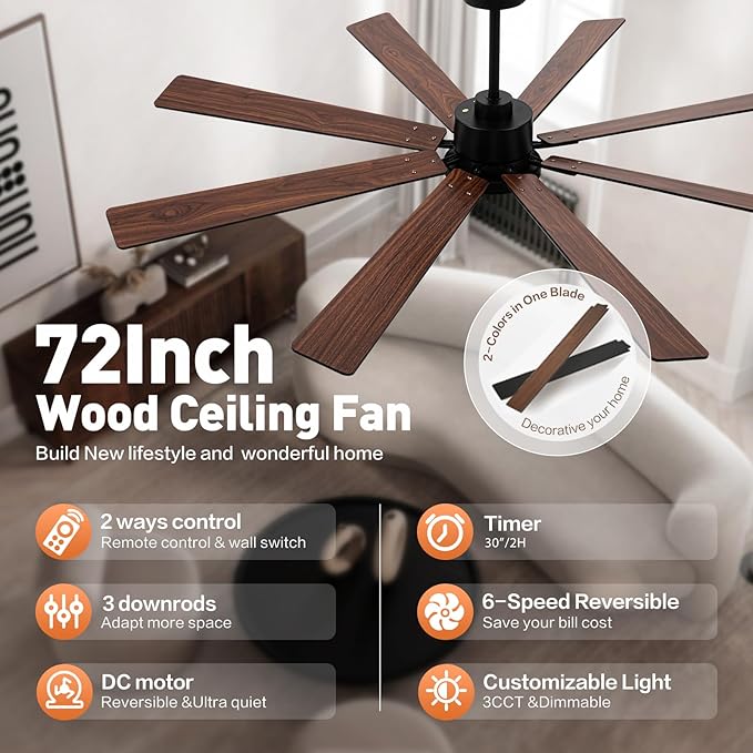 72Inch Large Ceiling Fan with Lights and Remote,Black Indoor & Outdoor Ceiling Fan for Living Room,Patio,6 Speed,Quiet DC Motor,3CCT,8 Wooden Blades