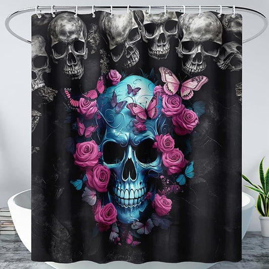 AILONEN 3D Skull Shower Curtain,Oil Ren Rose with Skeleton Design Shower Curtain Set with Hooks for Boys Girls Teens,Gothic Skull Waterproof Fabric Shower Curtain for Bathroom,72" W*84" H