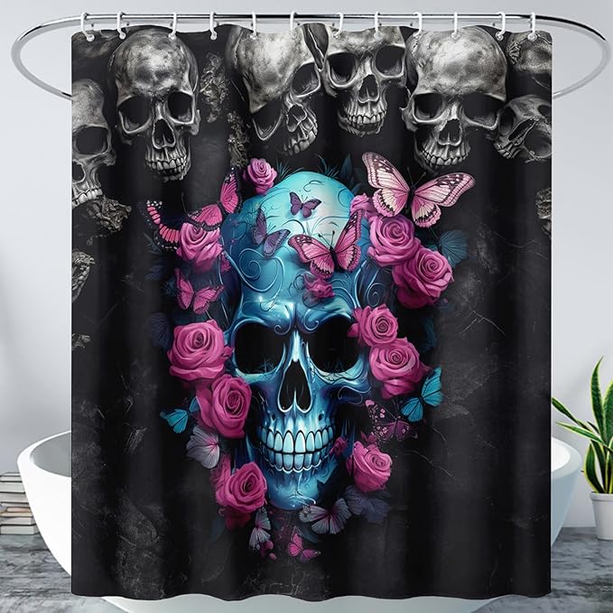 AILONEN 3D Skull Shower Curtain,Oil Ren Rose with Skeleton Design Shower Curtain Set with Hooks for Boys Girls Teens,Gothic Skull Waterproof Fabric Shower Curtain for Bathroom,36" W*72" H
