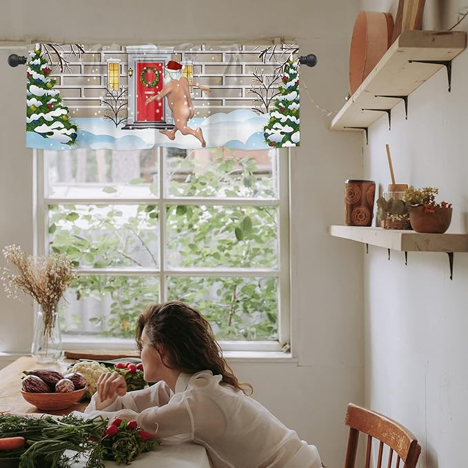 Christmas Farmhouse Kitchen Curtains Valances for Windows Funny Santa Claus Rod Pocket Window Treatment for Kitchen/Living Room/Bedroom/Bathroom,42" X 12" -1 Panel, Holly Xmas Tree