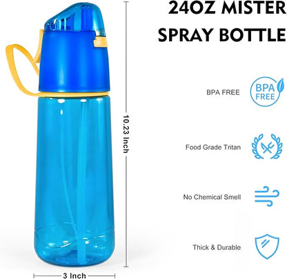 24 oz Sports Water Bottle with Spray Mist, Portable Water Mister Spray Bottle for Drinking, 2-in-1 Mist and Sip Bpa-Free Plastic Misting Water Bottle for Fitness and Outdoor, Blue 1 Pack