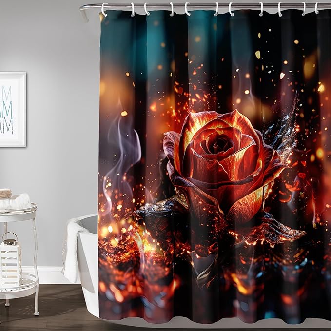 AILONEN 3D Rose Shower Curtain for Bathroom, Romantic Flame Smoky Rose Flower Bath Curtain,Burning Rose Shower Curtain Decoration Waterproof with 12 Plastic Hooks, 36" W*72" H