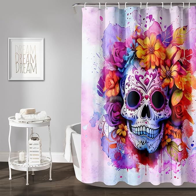 AILONEN Sugar Skull Shower Curtain for Bathroom,Pink Purple Graffiti Flower Art Bathroom Curtain for Kids Girls Teen,Bath Curtain 72" W*96" H Polyester Waterproof Bathroom Curtain with 12 Hooks