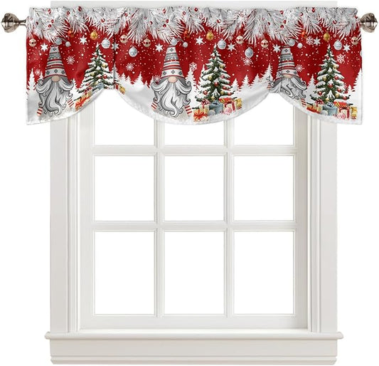 Christmas Gnome Blackout Tie Up Valance Curtains for Kitchen Windows Winter Merry Christmas Tree Balls Window Toppers Balloon Shades for Living Room/Bathroom/Bedroom,1 Panel, 54" X 18", Red
