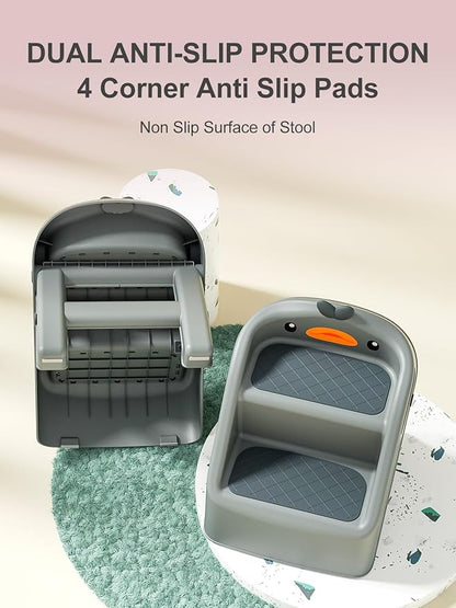 Toddler Step Stool Dark Grey, Foldable 2 Step Stool for Kids Bathroom Sink Potty Toilet, 15" Height(11" Two Steps & 4" Back Support), Cute & Lightweight Gift to Give Todders 1-3 More Independence