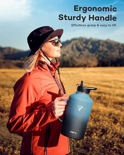 64 oz Insulated Stainless Steel Water Bottle with Handle and Carry Pouch, Half Gallon Mug Tumbler with Straw Lid Spout Lid,Reusable Metal Water Bottle Jug Flask Cup,Keep Cold & Hot,Indigo Black
